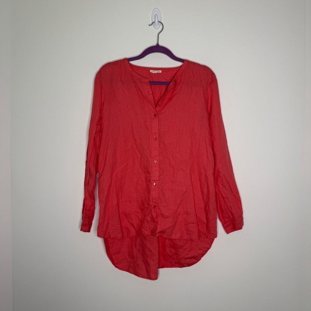Eileen Fisher Vibrant Coral Button-Down Linen Shirt S